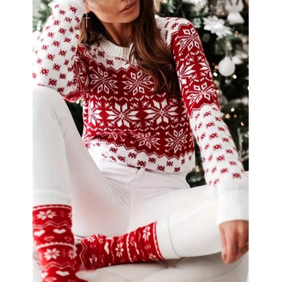 Roundneck Nordic Snowflake Red & White Knit Christmas Sweater - Picture 4 of 5